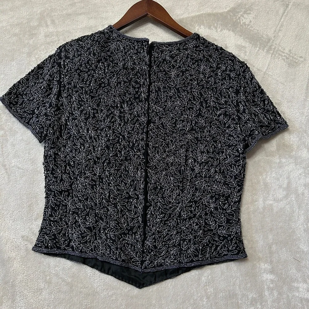 Adrianna Papell Silk‎ Top Formal Black Beaded Medium Embellished Zip Fairy Goth